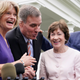 A bipartisan group of senators has a laugh after remarks by President Joe Biden, Thursday June 24, 2021, at the White House.